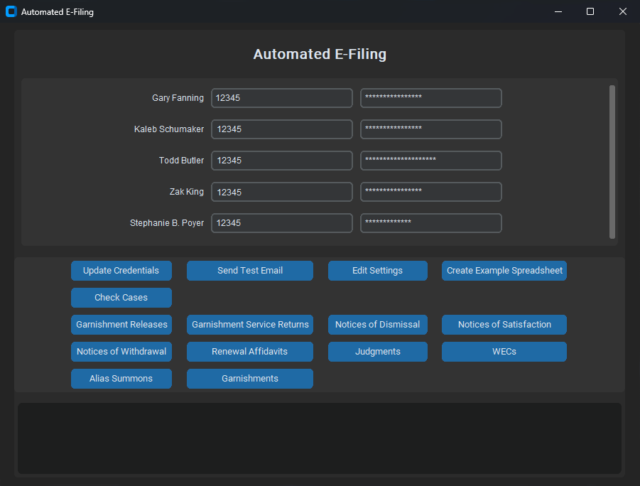 Desktop interface for the automated court filing system