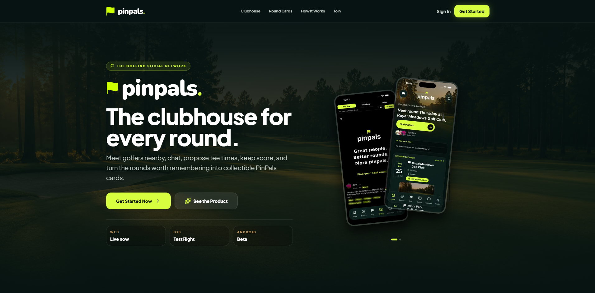 PinPals desktop homepage featuring previews of the iOS and Android apps