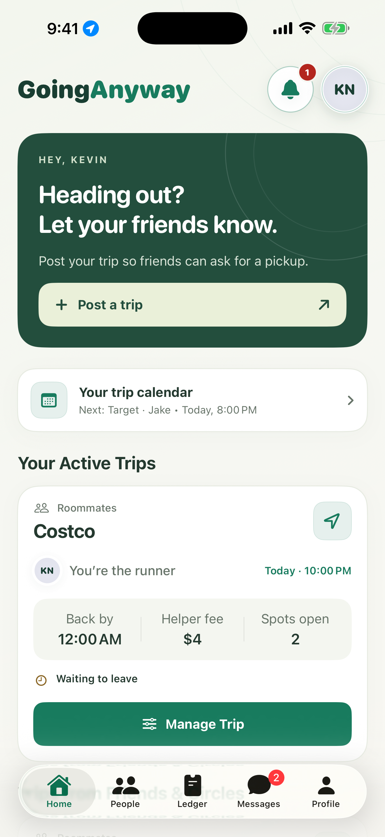 GoingAnyway showing shared trips and pickup requests