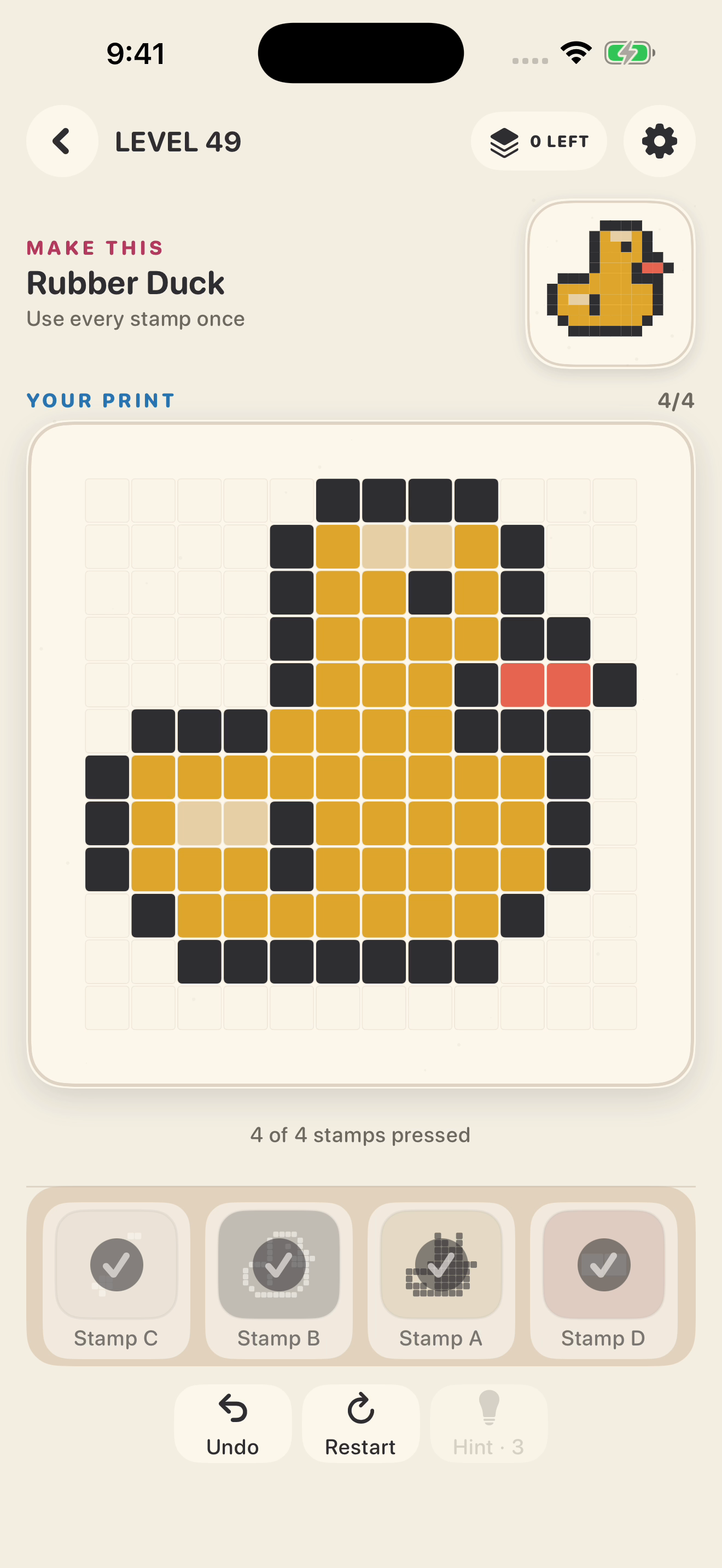 Completed rubber duck puzzle in Ink Order