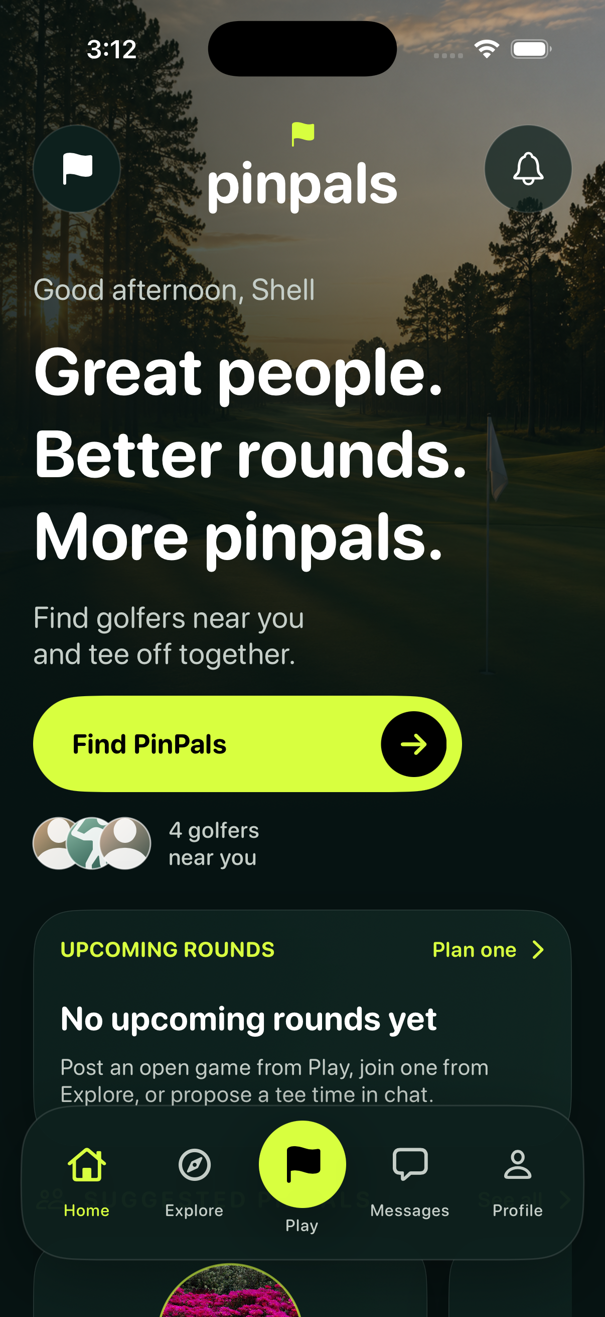 PinPals home screen with golf friends and upcoming rounds